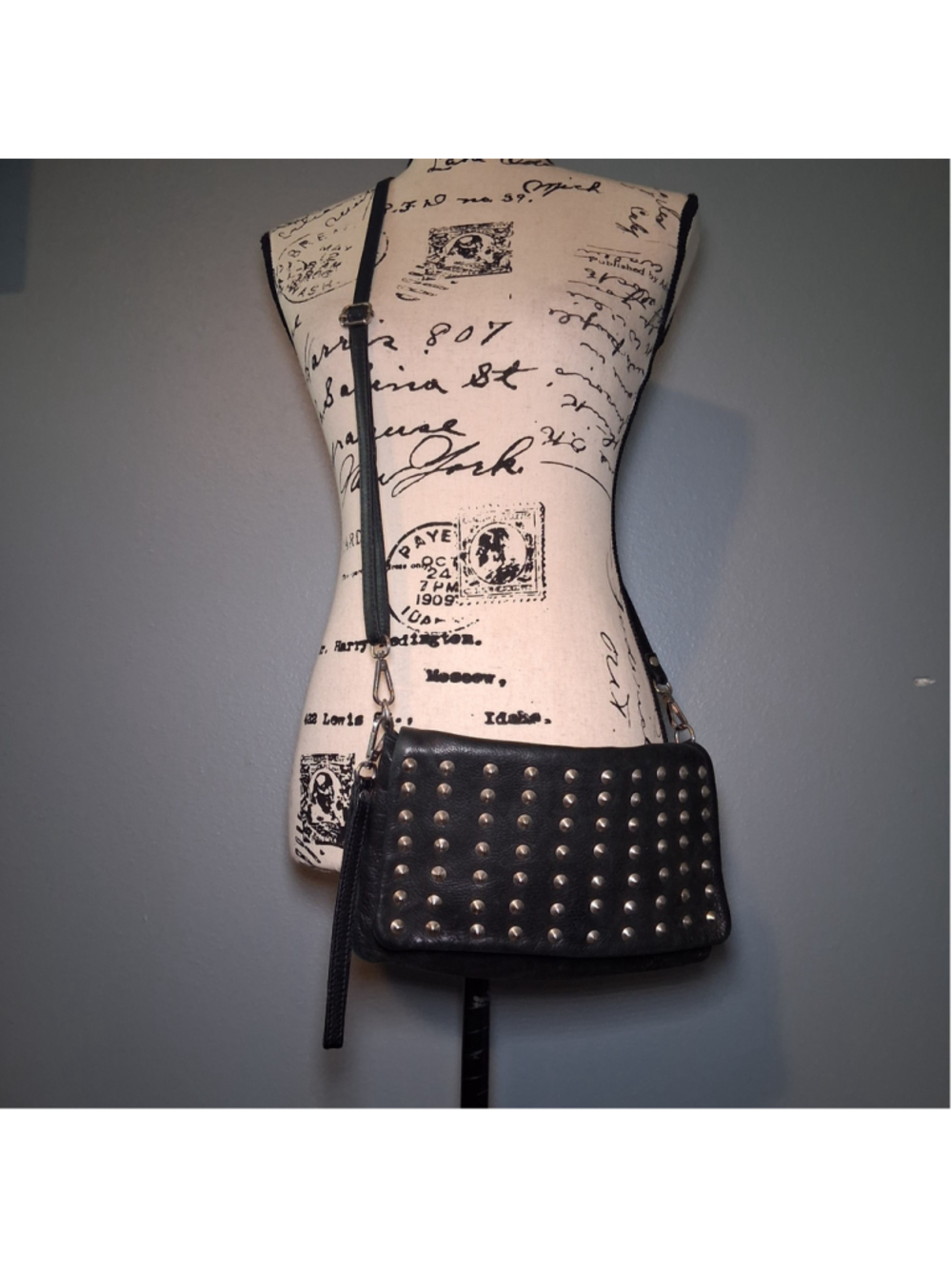 Tano Black Italian Leather Studded Crossbody Clutch